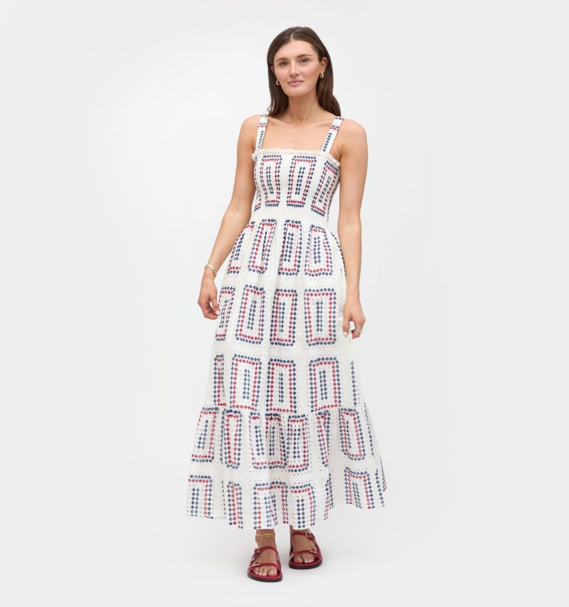 The Anjuli Nap Dress Geo Eyelet Red White Blue Front