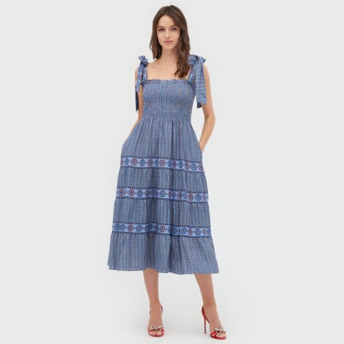 The Ribbon Ellie Nap Dress Ticking Geo Stripe in Blue Red Linen FRONT