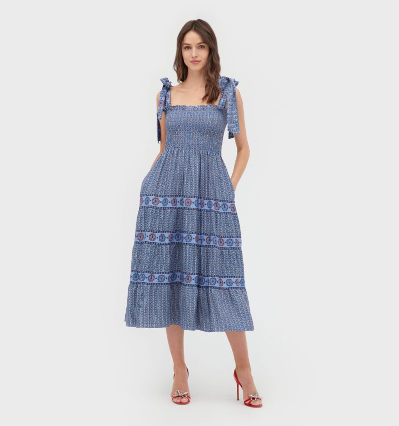 The Ribbon Ellie Nap Dress Ticking Geo Stripe in Blue Red Linen FRONT