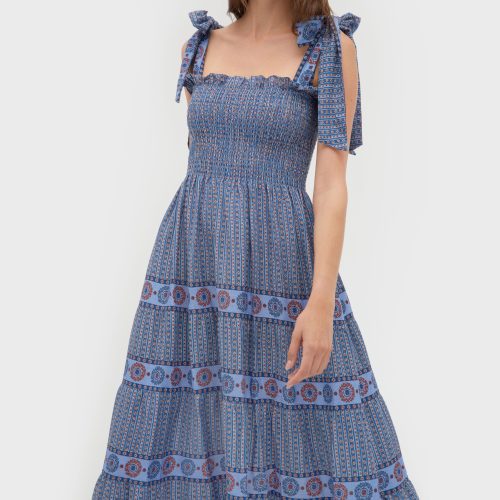 The Ribbon Ellie Nap Dress Ticking Geo Stripe in Blue Red Linen ZOOM