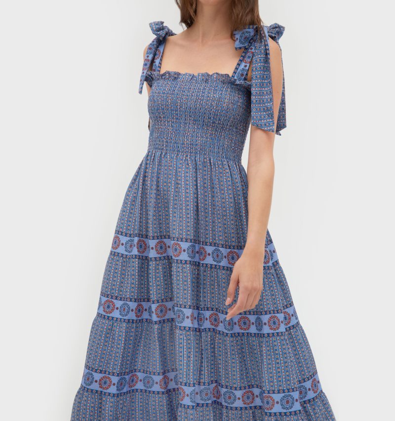 The Ribbon Ellie Nap Dress Ticking Geo Stripe in Blue Red Linen ZOOM